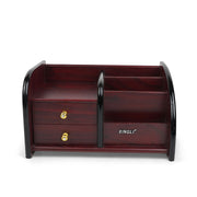 Xingli wooden desktop organizer with two drawers, gold-accented knobs, and multiple compartments for organizing office supplies and personal items.

