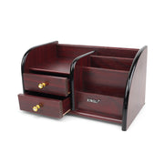 Xingli wooden desktop organizer with two drawers, gold-accented knobs, and multiple compartments for organizing office supplies and personal items.

