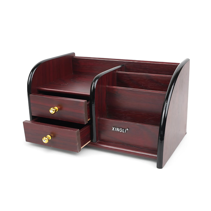 Xingli wooden desktop organizer with two drawers, gold-accented knobs, and multiple compartments for organizing office supplies and personal items.

