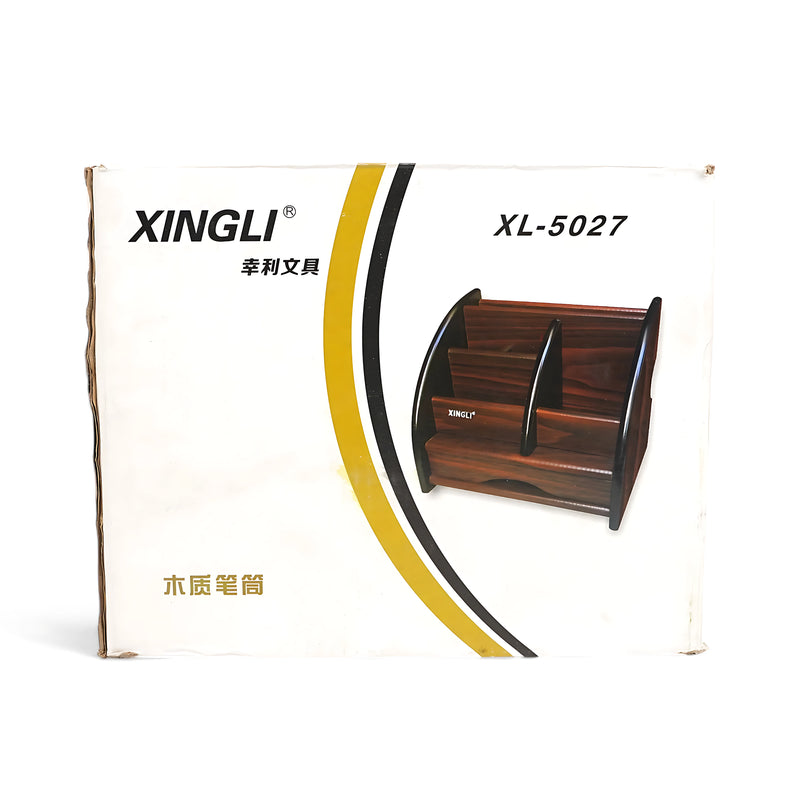 Xingli XL-5027 Wooden Pen Holder with multiple compartments, ideal for desk organization in office and home settings.

