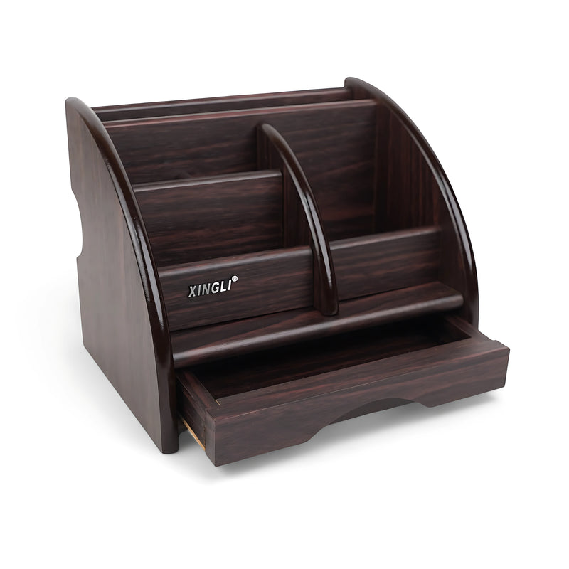 Xingli XL-5027 Wooden Pen Holder with multiple compartments, ideal for desk organization in office and home settings.

