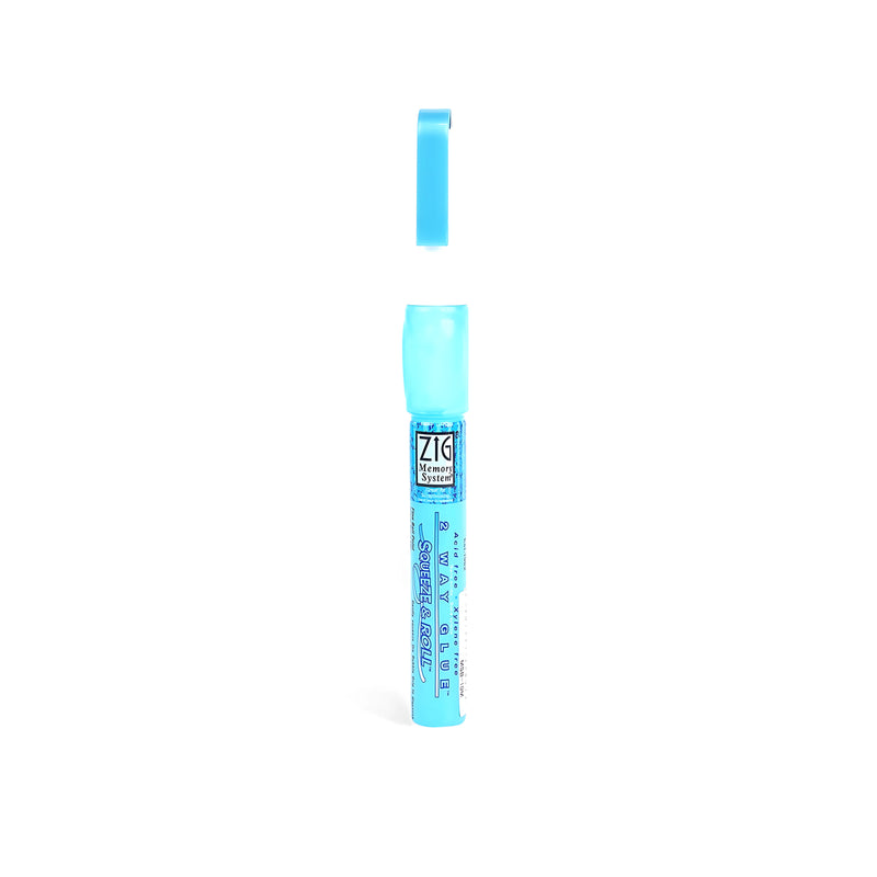 ZIG 2-Way Glue Pen with squeeze barrel and roll-on applicator, displayed with cap open, perfect for crafts and precision gluing projects.

