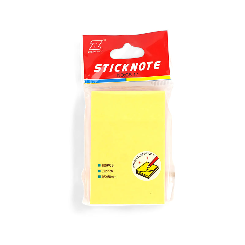 Zheng Hao Stick Note pad with 100 bright yellow sheets (76 x 50 mm), packaged in a resealable pouch with a hanging tab for convenience.

