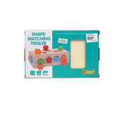 Shape Matching Trailer – Wooden geometric sorting toy with vibrant shapes and matching slots on a wheeled trailer for toddlers aged 36+ month