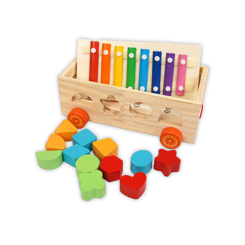 Shape Matching Trailer – Wooden geometric sorting toy with vibrant shapes and matching slots on a wheeled trailer for toddlers aged 36+ month